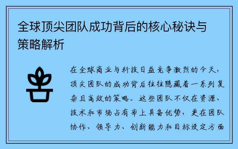 全球顶尖团队成功背后的核心秘诀与策略解析