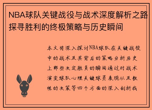 NBA球队关键战役与战术深度解析之路探寻胜利的终极策略与历史瞬间